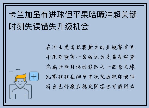 卡兰加虽有进球但平果哈嘹冲超关键时刻失误错失升级机会