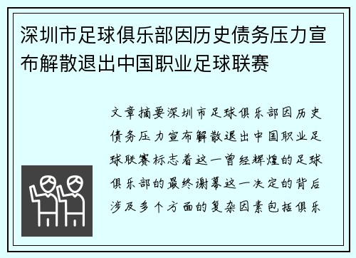 深圳市足球俱乐部因历史债务压力宣布解散退出中国职业足球联赛 深圳市足球俱乐部因历史债务压力宣布解散退出中国职业足球联赛