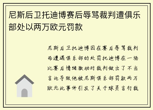 尼斯后卫托迪博赛后辱骂裁判遭俱乐部处以两万欧元罚款