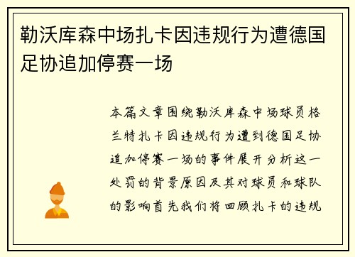 勒沃库森中场扎卡因违规行为遭德国足协追加停赛一场